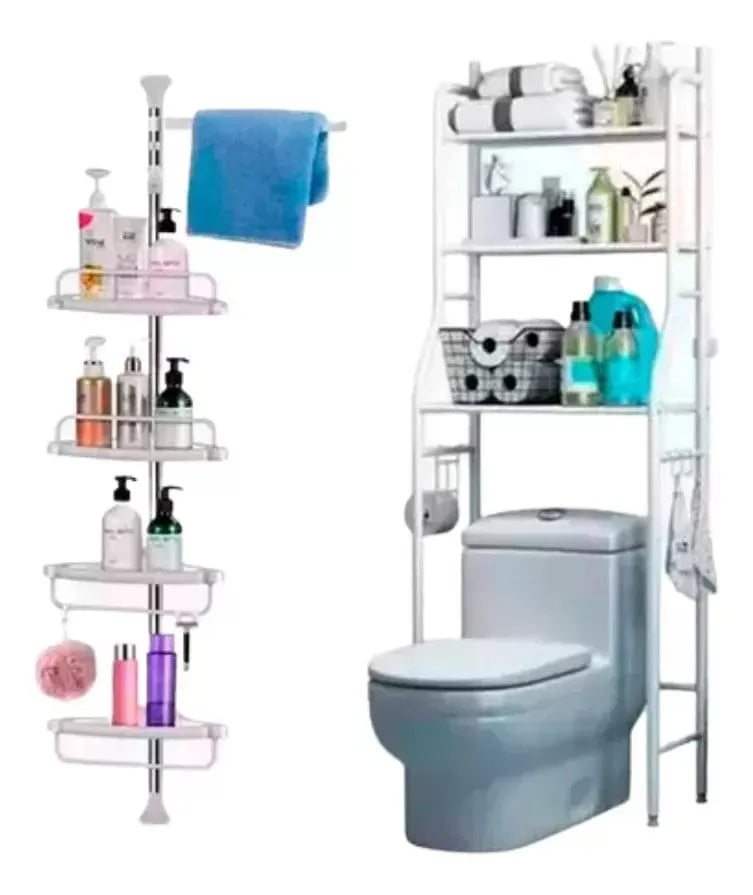 Combo Organizador de Baño sobre Inodoro y Estantería Esquinera de Ducha de 4 Niveles sin Taladrar