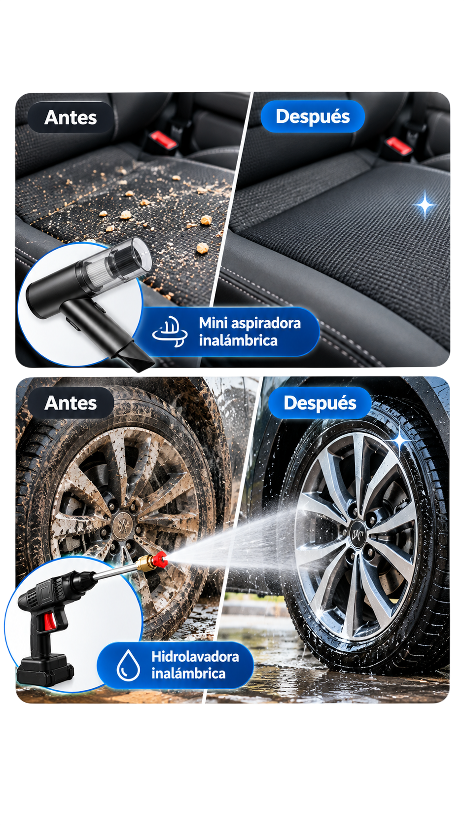 Combo Limpieza Total para Auto: Hidrolavadora Inalámbrica con 2 Baterías y Aspiradora Portátil