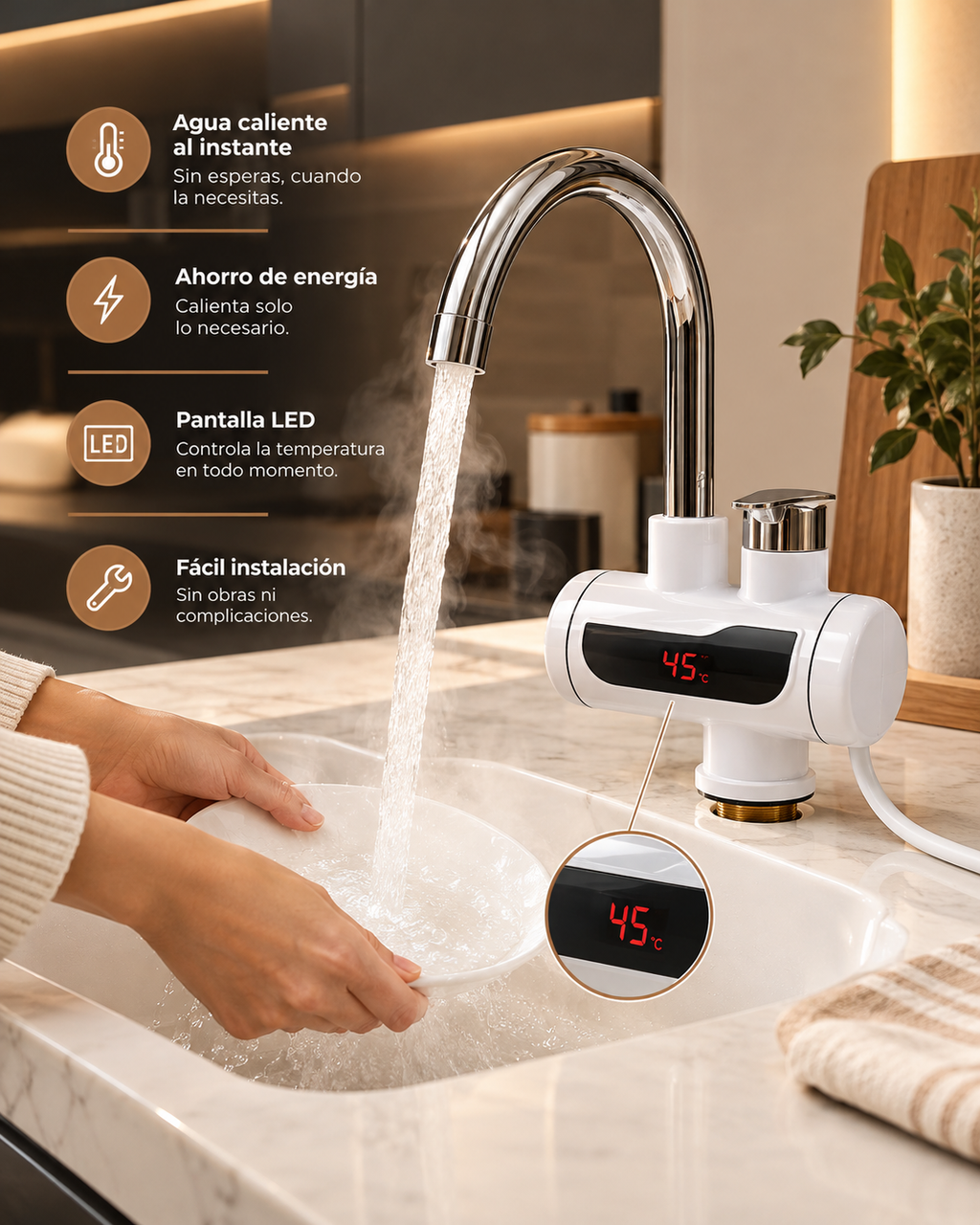 Grifo Eléctrico de Agua Caliente Instantánea con Pantalla LED