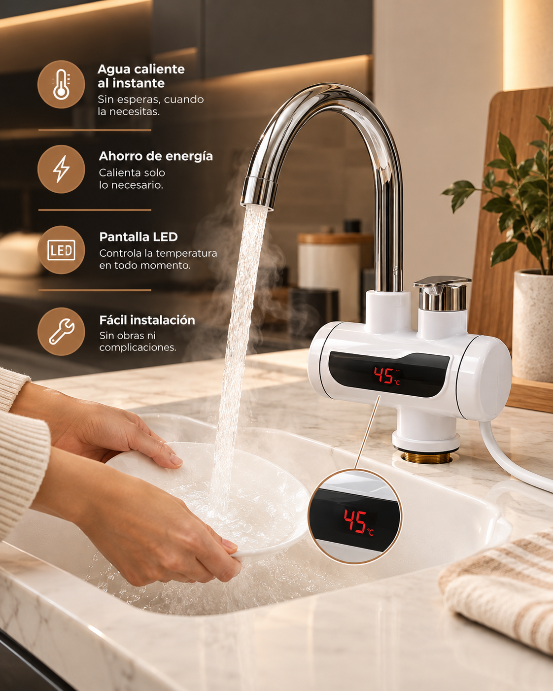 Grifo Eléctrico de Agua Caliente Instantánea con Pantalla LED