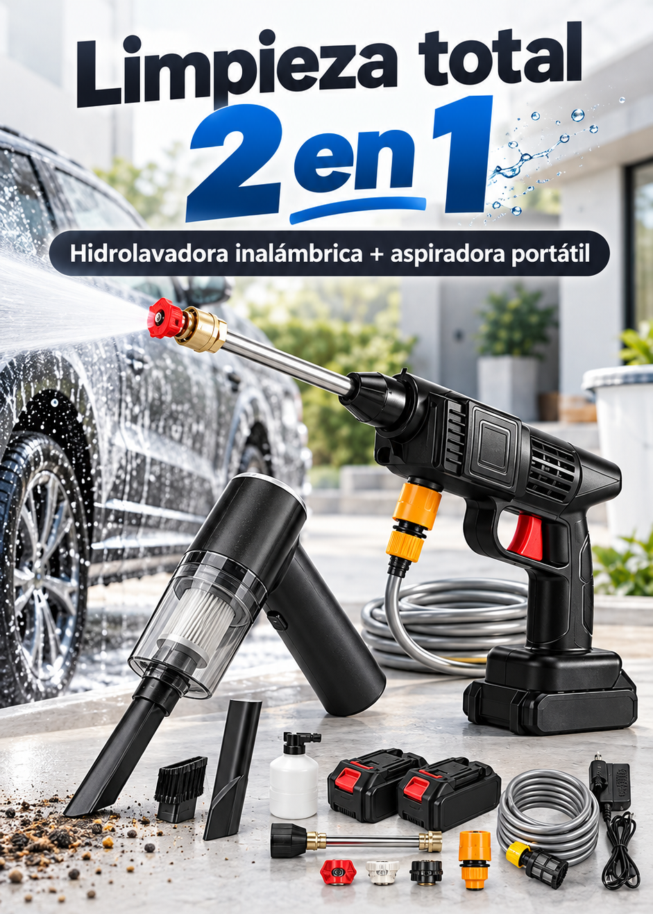 Combo Limpieza Total para Auto: Hidrolavadora Inalámbrica con 2 Baterías y Aspiradora Portátil