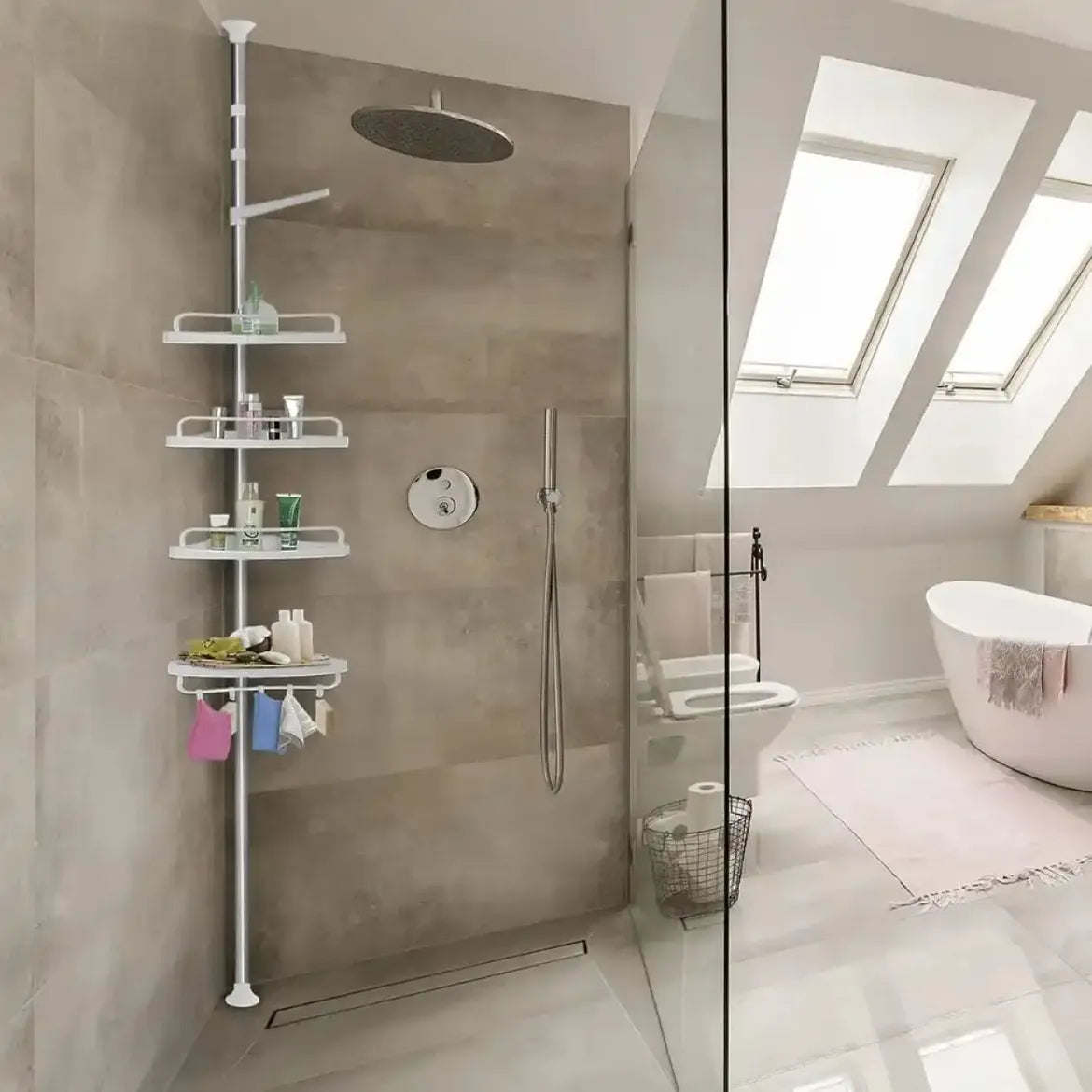 Combo Organizador de Baño sobre Inodoro y Estantería Esquinera de Ducha de 4 Niveles sin Taladrar